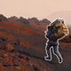 Sam Porter Bridges carries packages on his back as he treks across a rocky desert terrain with a helper drone following closely behind.